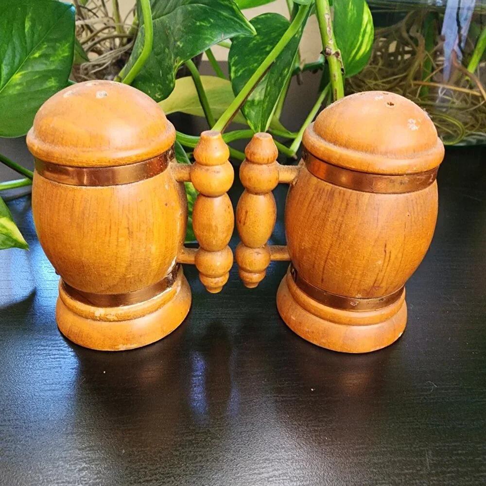 Vintage Beer Stein Mug Handled Copper Accent MCM Wood Salt and Pepper Shakers